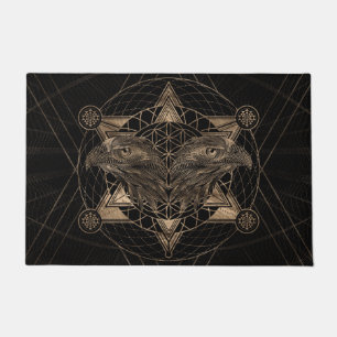 Hawk head in Sacred Geometry - Black and Gold Doormat