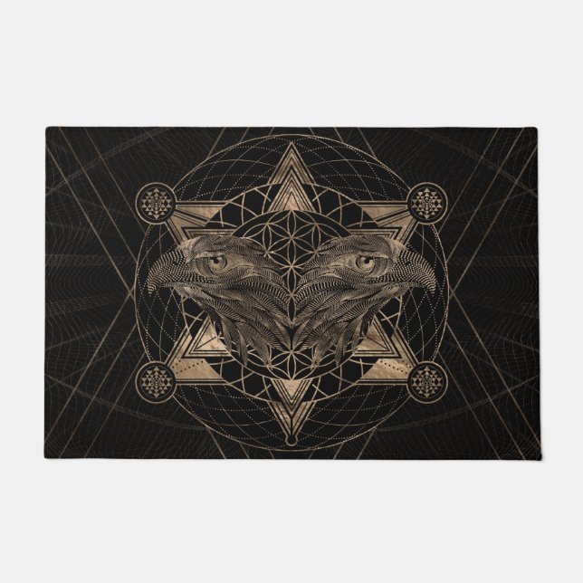 Hawk head in Sacred Geometry - Black and Gold Doormat (Front)