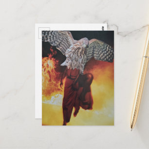 Hawk in a red dress fantasy collage postcard