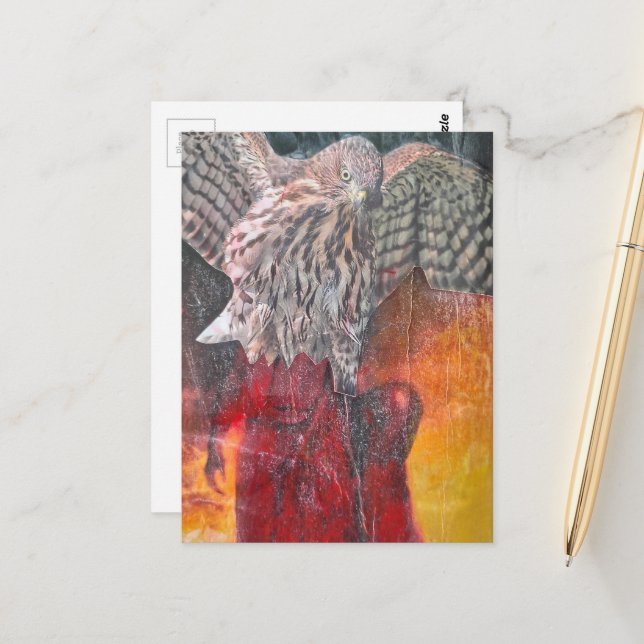 Hawk in a red dress fantasy collage postcard (Front/Back In Situ)