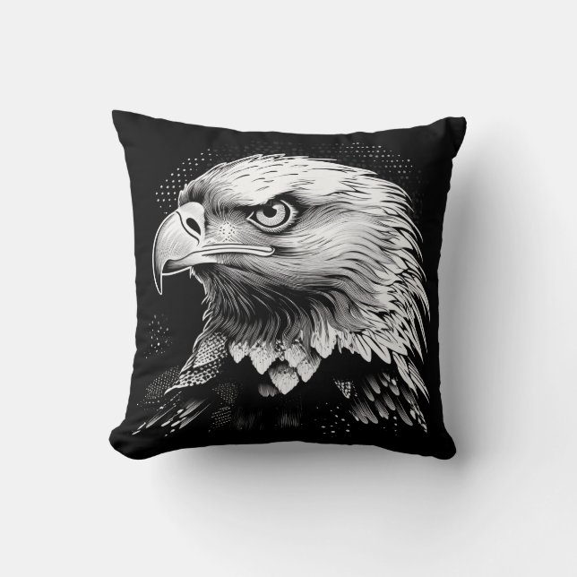 Hawk in black and white throw pillow (Front)