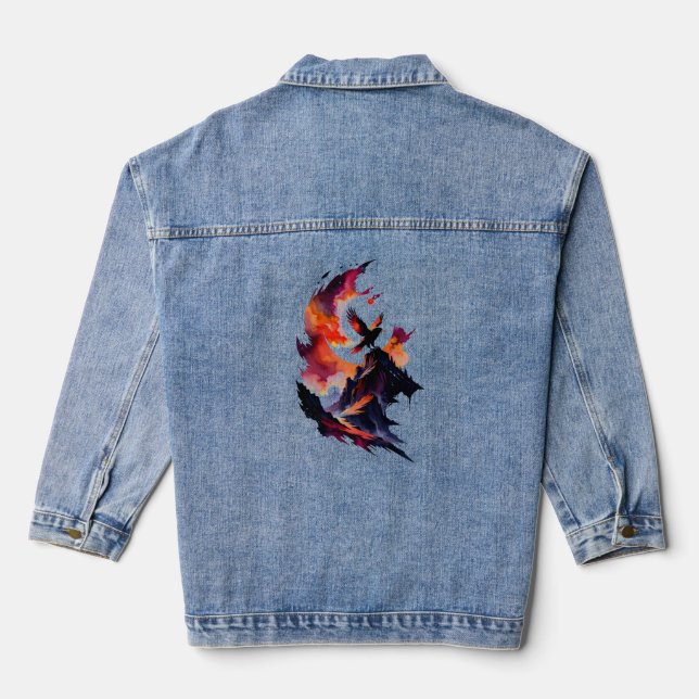 Hawk on Abstract Watercolor Landscape Denim Jacket (Back)