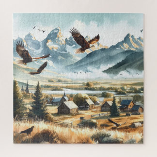 Hawks over a small old mountain village. jigsaw puzzle