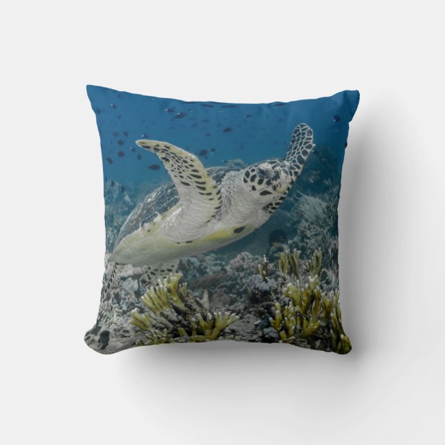 Hawksbill Sea Turtle Swimming Throw Pillow (Front)