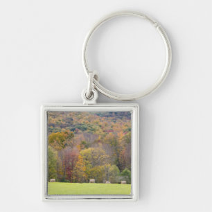 Hay bales and fall foliage, on a farm in keychain