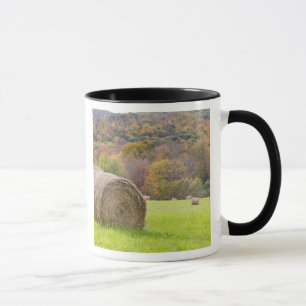 Hay bales and fall foliage on farm, mug