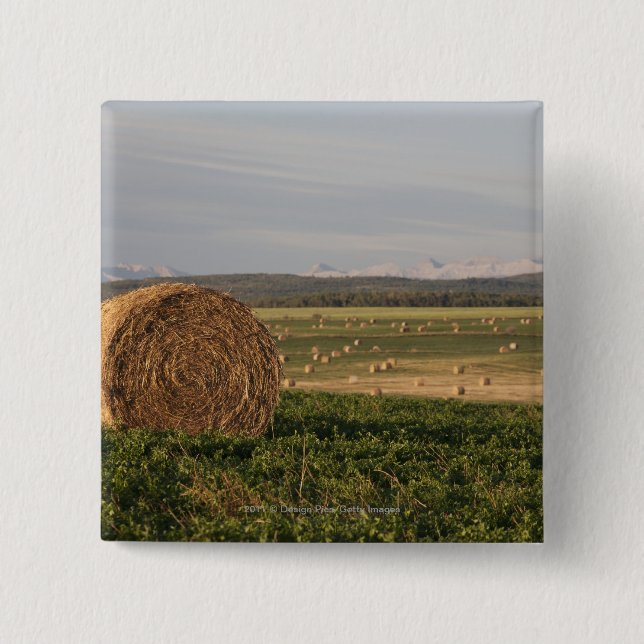 Hay Bales In A Field With Mountains At Sunrise 2 Inch Square Button (Front)