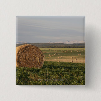 Hay Bales In A Field With Mountains At Sunrise 2 Inch Square Button