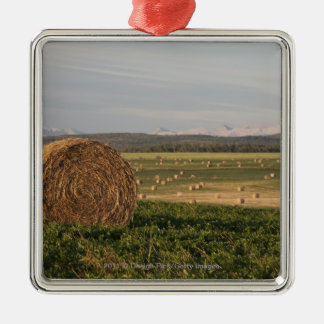 Hay Bales In A Field With Mountains At Sunrise Metal Ornament