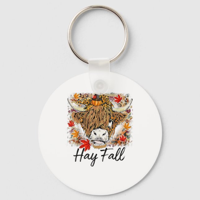 Hay Fall Highland Cow Leopard Thanksgiving Heifer  Keychain (Front)