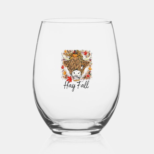 Hay Fall Highland Cow Leopard Thanksgiving Heifer  Stemless Wine Glass (Front)