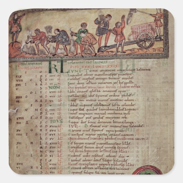 Hay-making and ploughing, from a Calendar Square Sticker (Front)