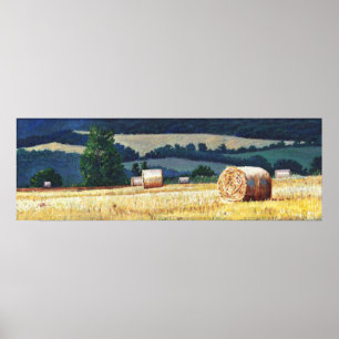 Haybales on hillside oil on canvas poster