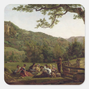Haymakers Picnicking in a Field Square Sticker