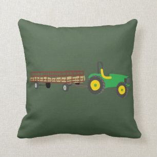 Hayride Green and Yellow Tractor Illustration Throw Pillow