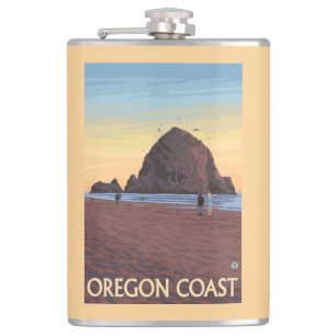 Haystack Rock Vintage Travel Poster Hip Flask