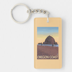 Haystack Rock Vintage Travel Poster Keychain