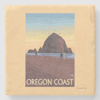 Haystack Rock Vintage Travel Poster Stone Coaster