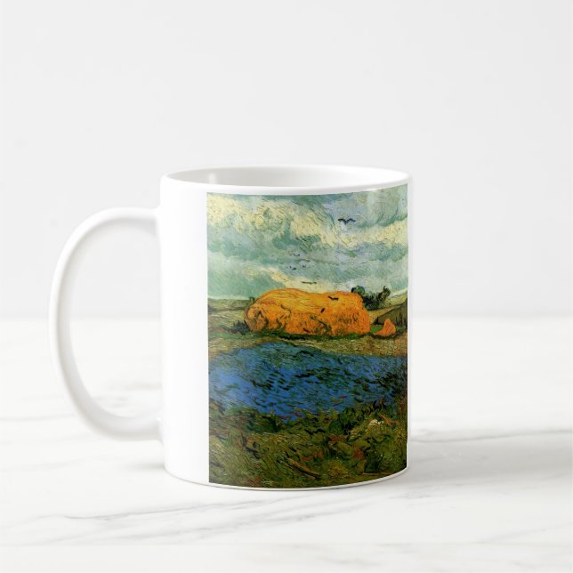 Haystacks Under a Rainy Sky by Vincent van Gogh Coffee Mug (Left)