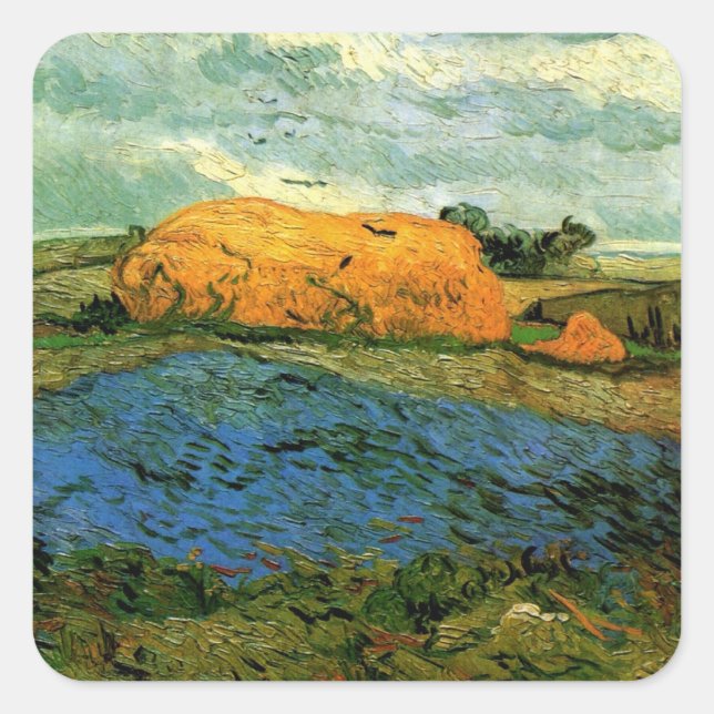 Haystacks Under a Rainy Sky by Vincent van Gogh Square Sticker (Front)