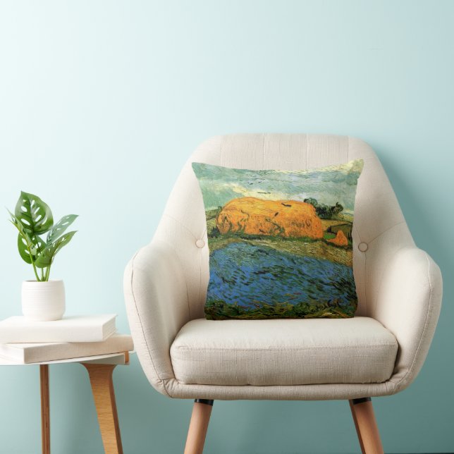 Haystacks Under a Rainy Sky by Vincent van Gogh Throw Pillow (Chair)