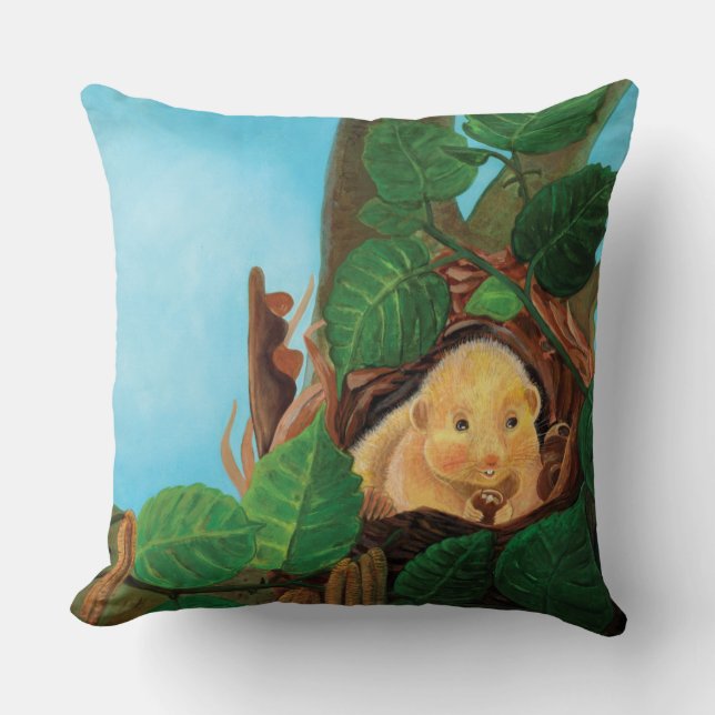 Hazel dormouse eating hazelnut   throw pillow (Front)