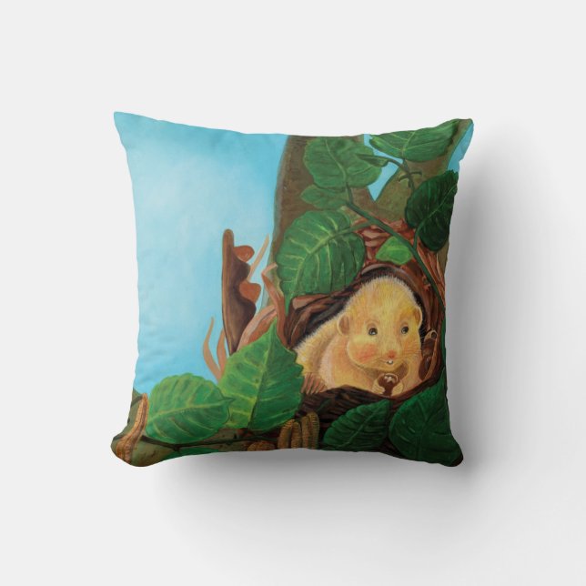 Hazel dormouse eating hazelnut   throw pillow (Front)