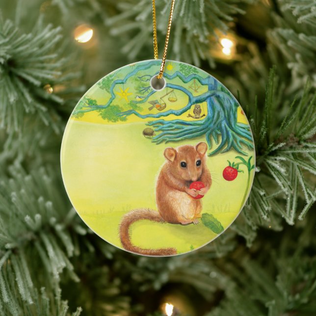 Hazel Dormouse Eating Wild Strawberry  Ceramic Ornament (Tree)