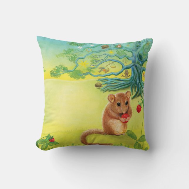 Hazel Dormouse Eating Wild Strawberry  Throw Pillow (Front)
