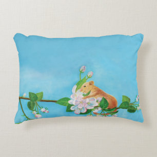 Hazel Dormouse on blooming branch of apple tree Accent Pillow