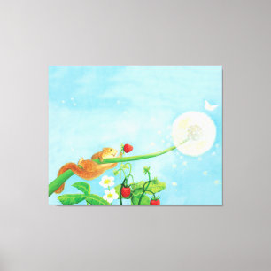 Hazel Dormouse, wild strawberries & dandelion puff Canvas Print