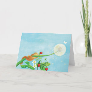 Hazel Dormouse, wild strawberries & dandelion puff Card