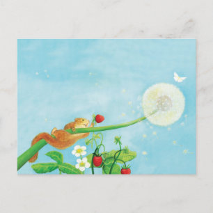 Hazel Dormouse, wild strawberries & dandelion puff Holiday Postcard
