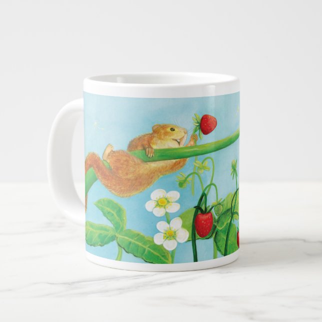 Hazel Dormouse, wild strawberries & dandelion puff Large Coffee Mug (Front Left)