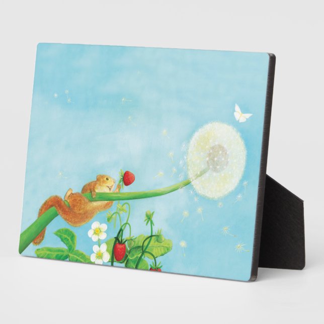 Hazel Dormouse, wild strawberries & dandelion puff Plaque (Side)