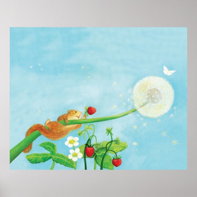 Hazel Dormouse, wild strawberries & dandelion puff Poster (Front)