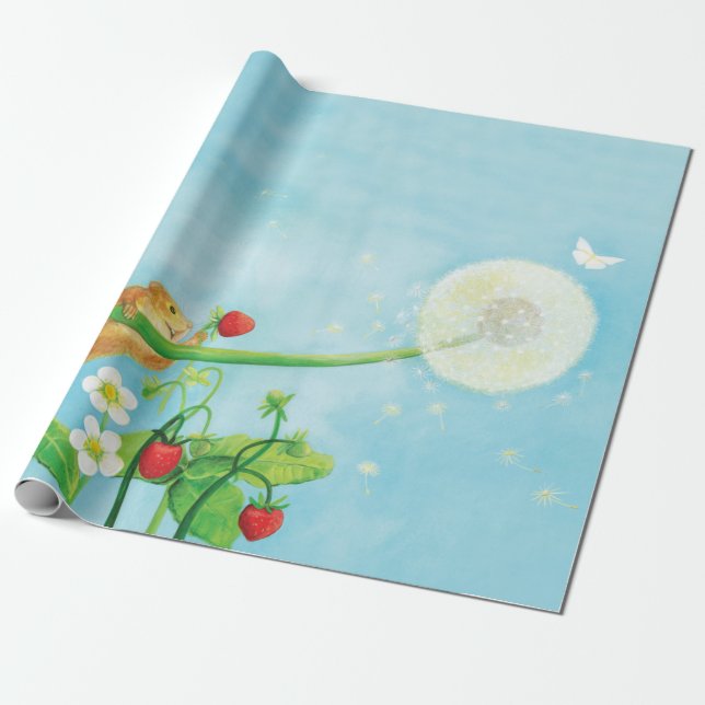 Hazel Dormouse, wild strawberries & dandelion puff Wrapping Paper (Unrolled)