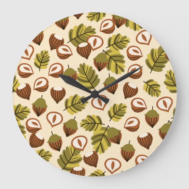Hazelnut Leaves Acorns Seamless Pattern Large Clock (Front)
