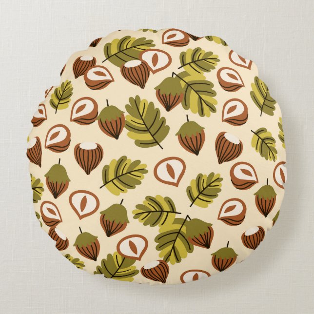 Hazelnut Leaves Acorns Seamless Pattern Round Pillow (Front)