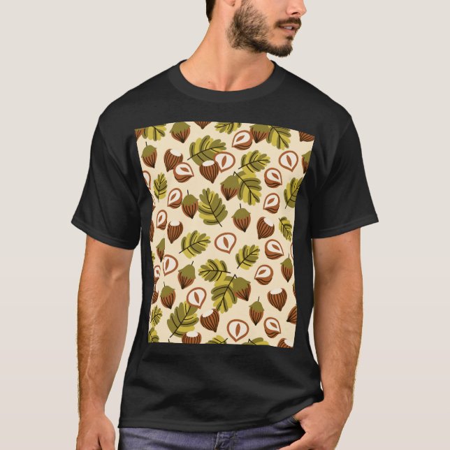 Hazelnut Leaves Acorns Seamless Pattern T-Shirt (Front)