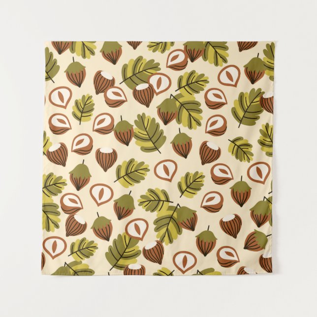 Hazelnut Leaves Acorns Seamless Pattern Tapestry (Front)