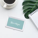 Hazy Aqua Sketched Cursive Script Business Card Holder<br><div class="desc">Elegant business card case features your name,  title,  or choice of personalization in white hand scripted cursive lettering on a dusty teal terracotta background.</div>