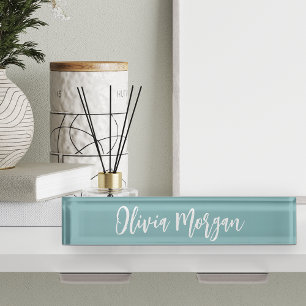 Hazy Aqua Sketched Cursive Script Name Nameplate