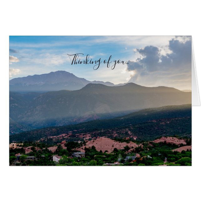 Hazy Pikes Peak Sunset Thinking Of You Card (Front Horizontal)