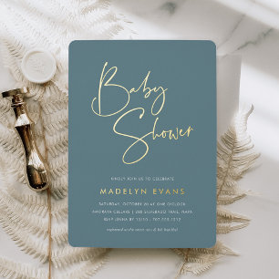 Hazy Teal   Modern Minimalist Script Baby Shower