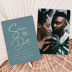 Hazy Teal Modern Script Photo Save the Date