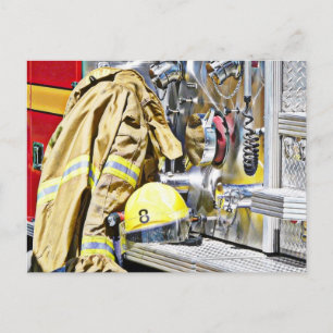 HDR Fireman Gear and Fire Truck Postcard