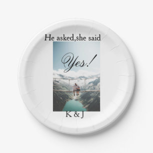He asked she said yes engagement photo name stylis paper plate
