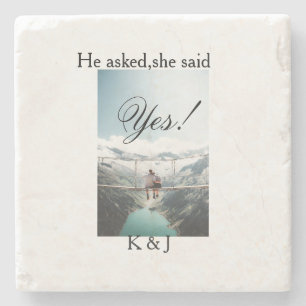 He asked she said yes engagement photo name stylis stone coaster