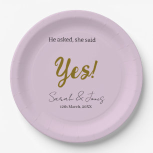 He asked she said yes engagement simple gold purpl paper plate